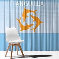 Blue window curtain panel with gold animal emblem and cloud stripe near the top.