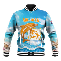 Blue baseball jacket with orange dolphin graphic, striped rib collar and cuffs