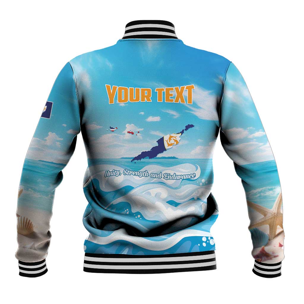 Blue baseball jacket back with “YOUR TEXT” and ocean scenery, striped rib trim