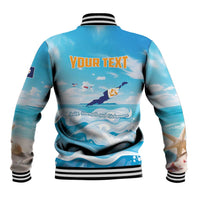 Blue baseball jacket back with “YOUR TEXT” and ocean scenery, striped rib trim