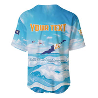 Personalized Anguilla baseball jersey, blue back with 'YOUR TEXT' over sea waves and sky