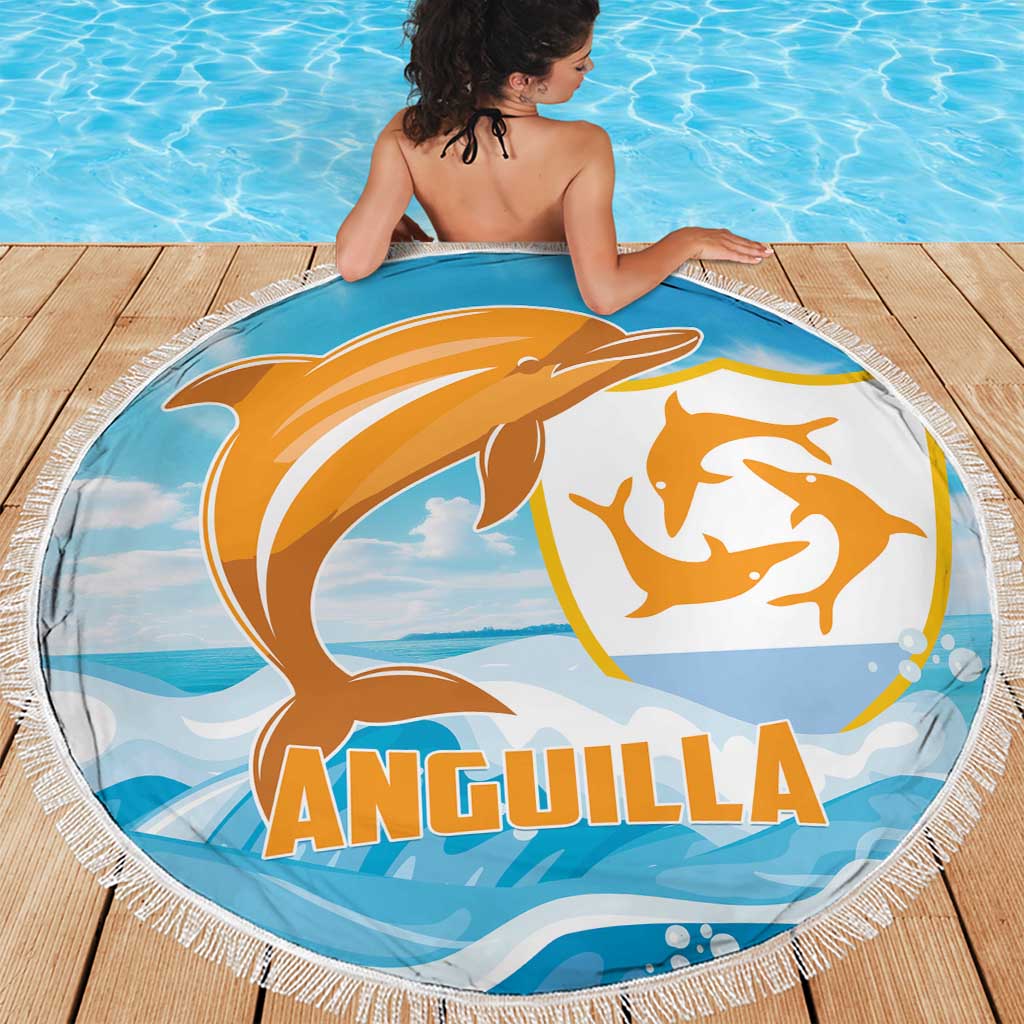Round blue beach blanket featuring large orange dolphin and white fringe border.