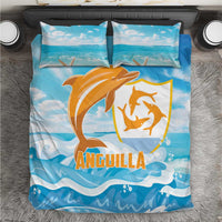 Blue bedding set with orange dolphin emblem and ocean wave print on duvet and pillowcases