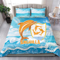 Blue duvet set with orange dolphin logo and ocean waves, includes duvet and two pillows