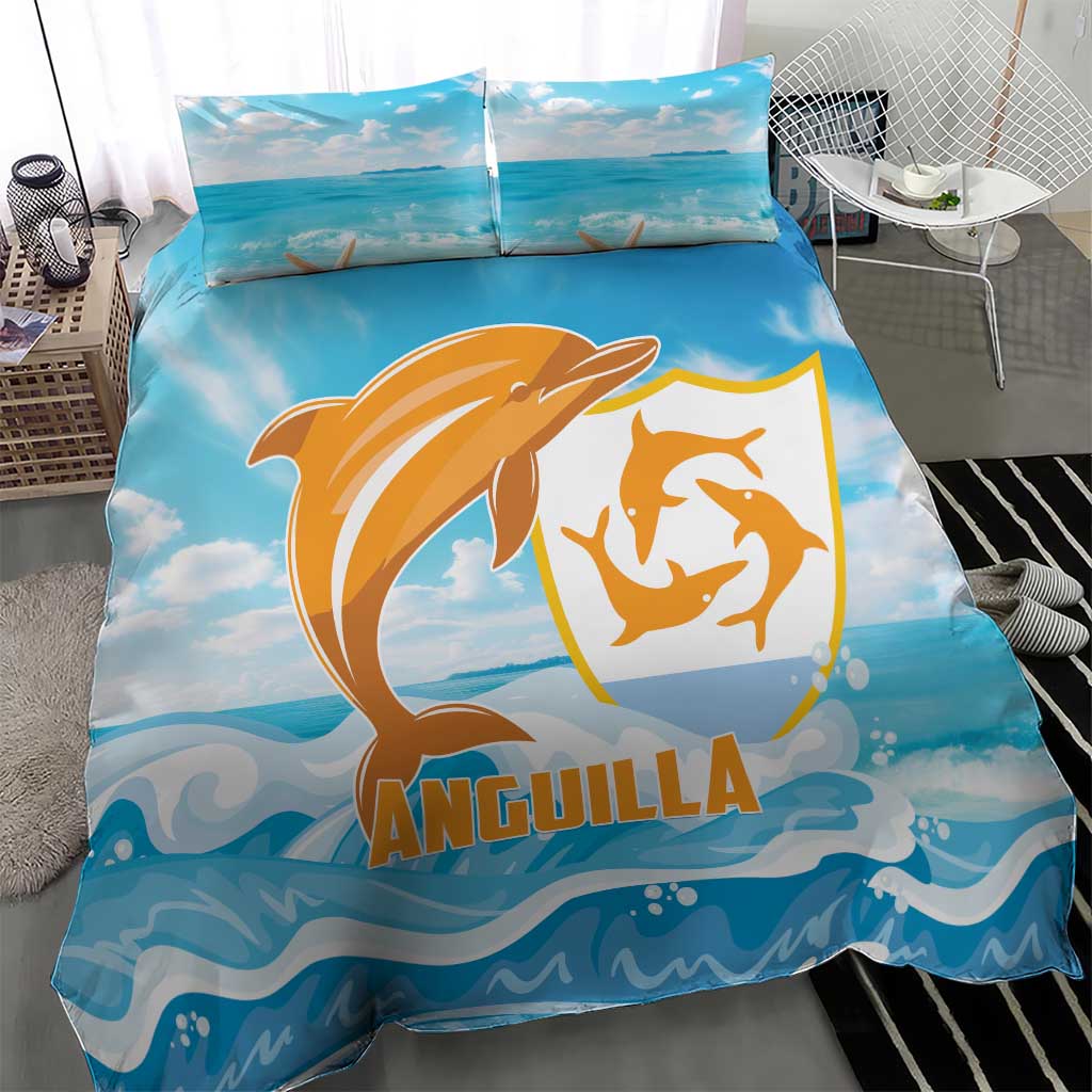 Blue bedding set featuring orange dolphin graphic and ocean sky stripes, with two pillowcases