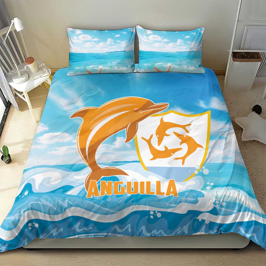 Blue duvet cover set with orange dolphin emblem and sea waves print, includes two pillows