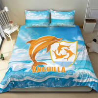 Blue duvet cover set with orange dolphin emblem and sea waves print, includes two pillows