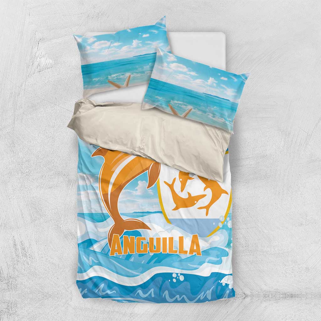 Blue duvet and pillow set with orange dolphin graphic and ocean waves print