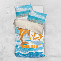 Blue duvet and pillow set with orange dolphin graphic and ocean waves print
