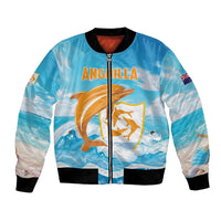Unisex blue bomber jacket, full-zip with ribbed trim, ocean dolphin graphic front