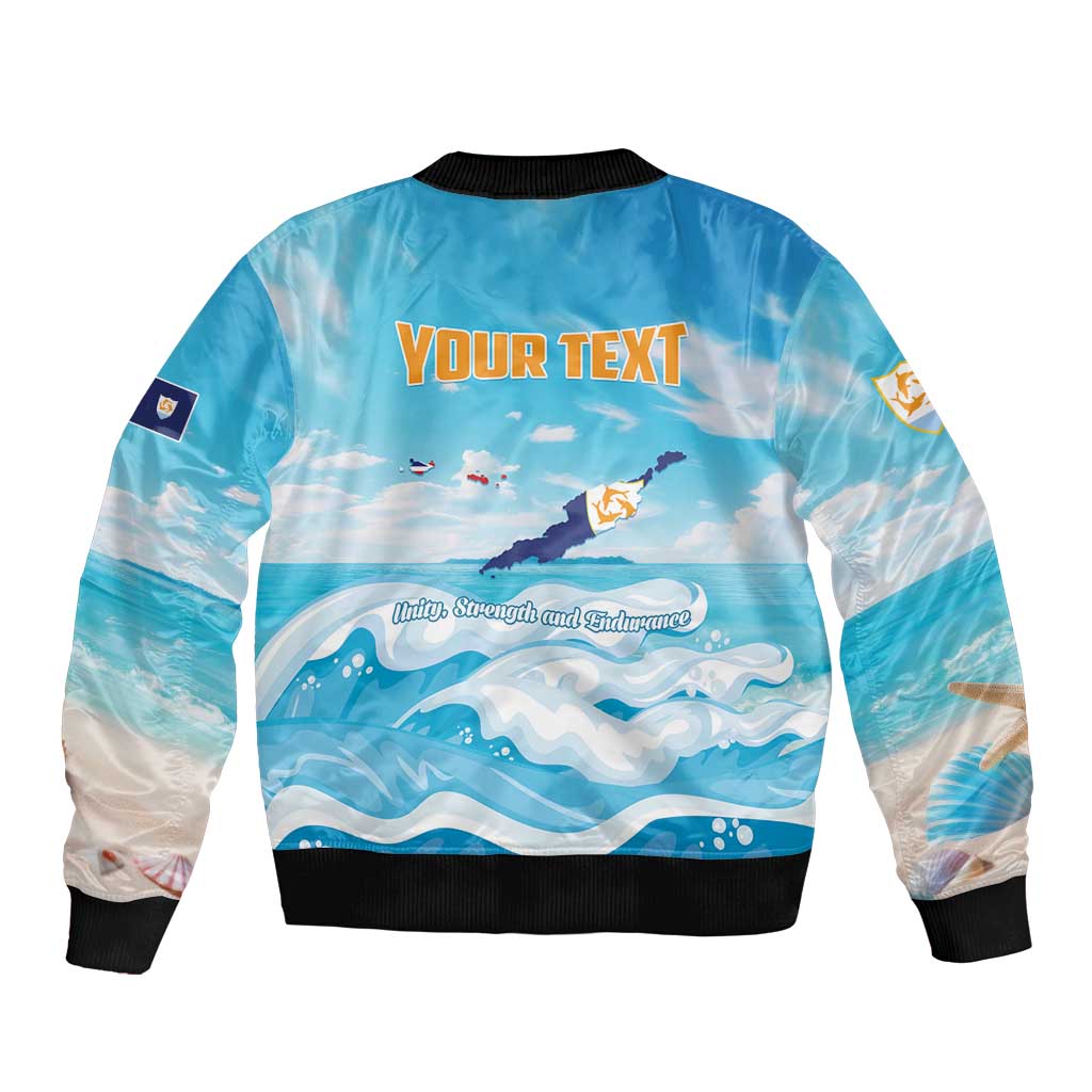 Unisex blue bomber jacket with ribbed trim, back shows YOUR TEXT over ocean waves