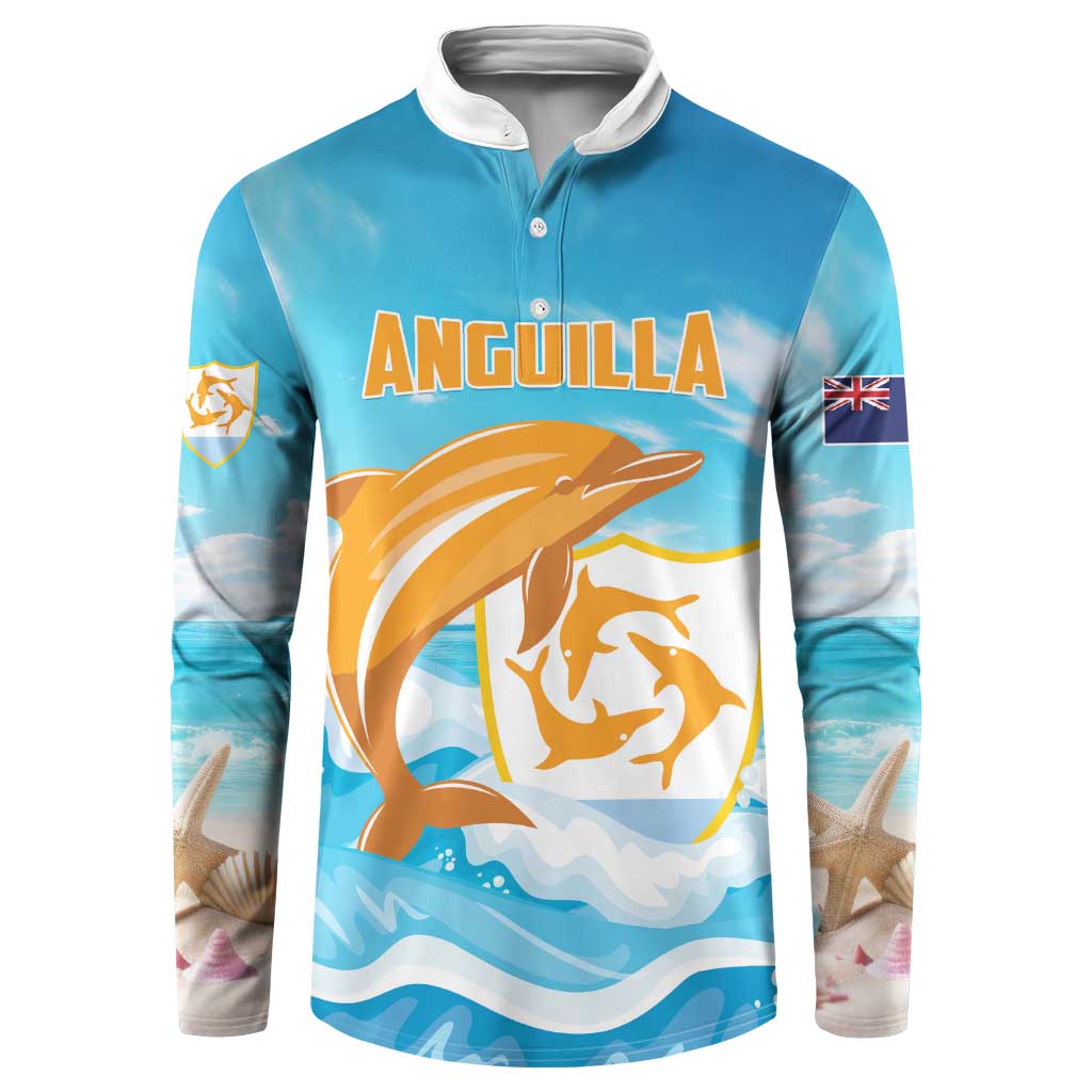 Personalized blue button sweatshirt with Anguilla dolphins-and-waves graphic, long sleeves