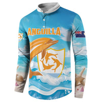 Personalized blue button sweatshirt with Anguilla text, dolphins waves print, sleeve flag patch