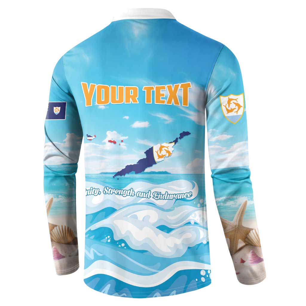 Personalized blue button sweatshirt back with “YOUR TEXT” and dolphins over ocean waves