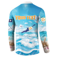 Personalized blue button sweatshirt back with “YOUR TEXT” and dolphins over ocean waves