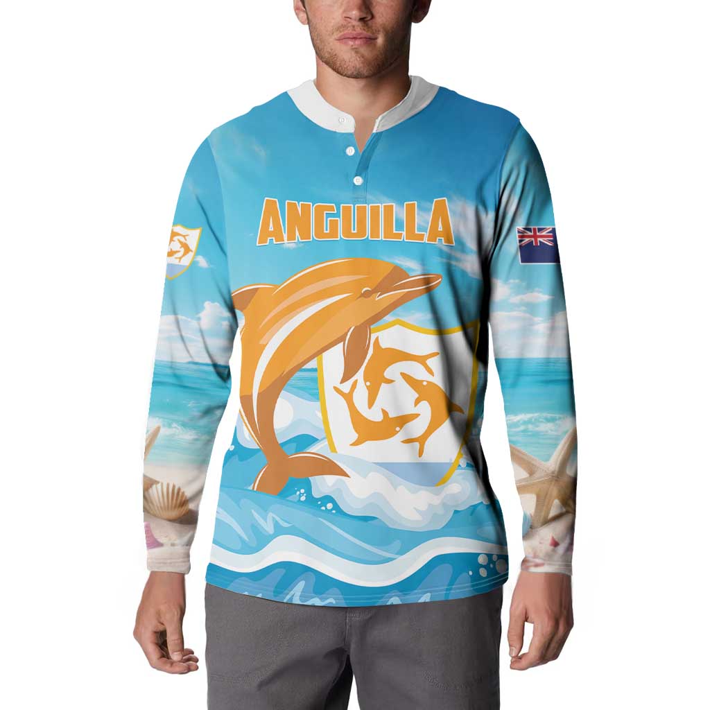 Personalized blue button sweatshirt front with Anguilla dolphins graphic and flag patch sleeve