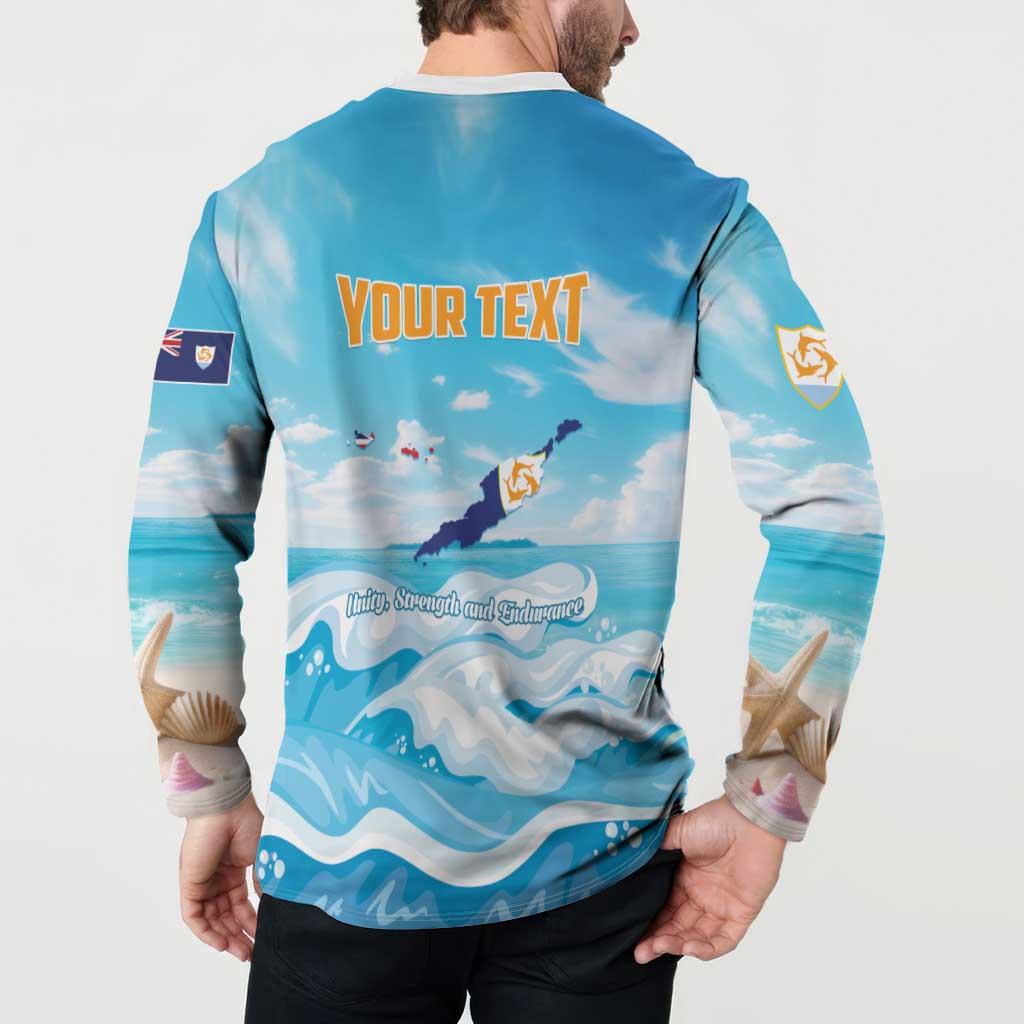 Personalized blue button sweatshirt back with “YOUR TEXT” over ocean waves and dolphin art