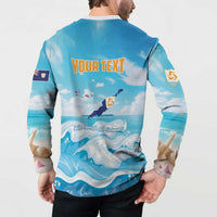 Personalized blue button sweatshirt back with “YOUR TEXT” over ocean waves and dolphin art