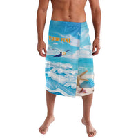 Personalized blue lavalava skirt with dolphins and starfish print, elastic waistband