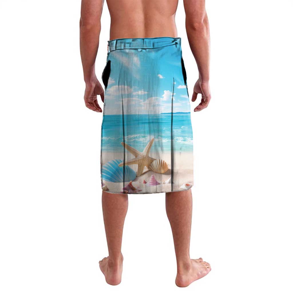 Personalized blue lavalava skirt with beach scene print, drawstring waist and sea animals