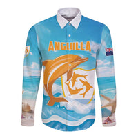 Blue long-sleeve button shirt with Anguilla dolphin graphic, white collar and cuffs