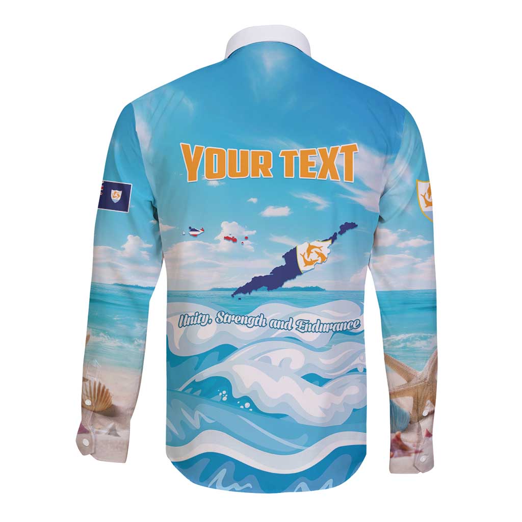 Blue long-sleeve button shirt with 'YOUR TEXT' ocean map back and flag sleeve patch