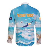 Blue long-sleeve button shirt with 'YOUR TEXT' ocean map back and flag sleeve patch