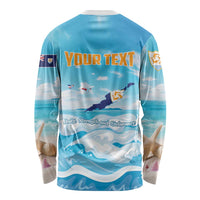 Blue long-sleeve shirt with "YOUR TEXT" on back and dolphin ocean print