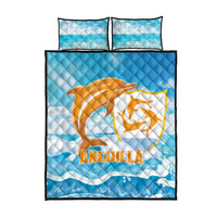 Blue dolphin quilt bed set with orange Anguilla emblem and two pillow cases
