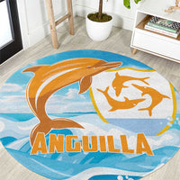 Round carpet with blue wave background and orange dolphin graphic