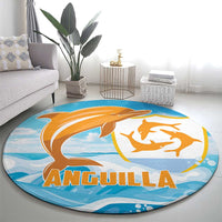 Round dolphin-themed carpet in blue with orange graphic and wave design