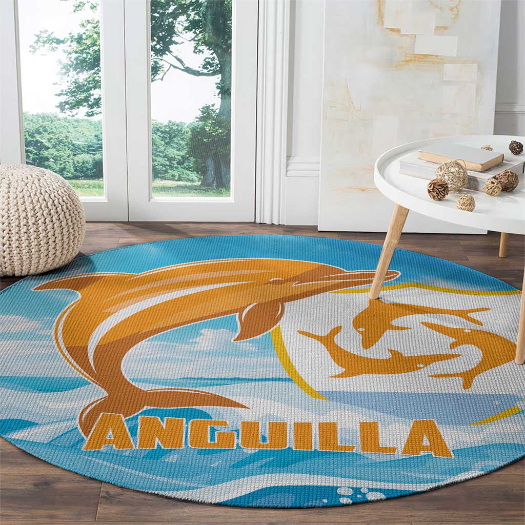 Round blue carpet with orange dolphin illustration and wave pattern