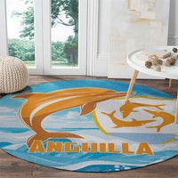 Round blue carpet with orange dolphin illustration and wave pattern