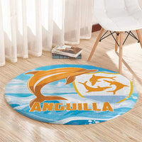 Round carpet showing blue waves with orange dolphin graphic on the surface