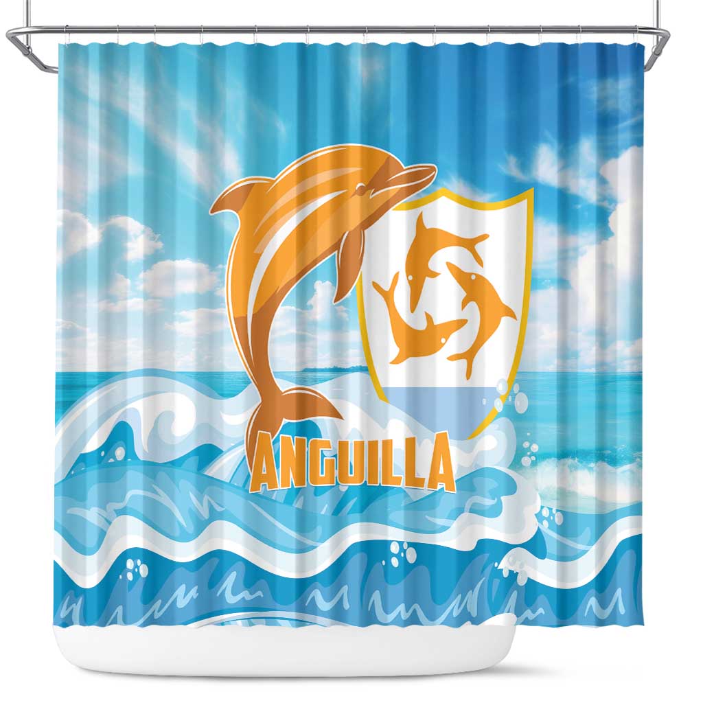 Blue shower curtain with orange dolphin emblem and ocean wave pattern