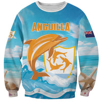 Personalized blue crewneck sweatshirt with Anguilla text and orange dolphin graphic