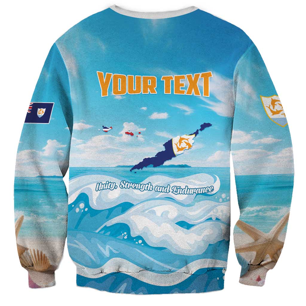 Blue crewneck sweatshirt back with YOUR TEXT, dolphin graphic, and Unity Strength Endurance