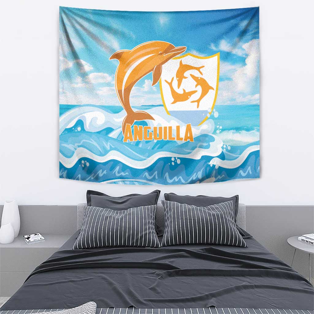 Blue dolphin themed tapestry with orange “Anguilla” lettering and yellow emblem