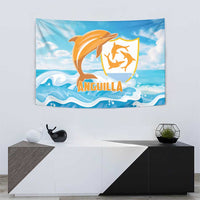 Blue dolphin tapestry with orange dolphins and “Anguilla” text centered on wall