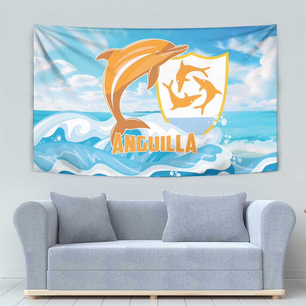 Blue tapestry with orange dolphin illustration, yellow shield, and “Anguilla” word