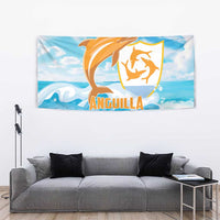 Blue dolphin wall tapestry featuring orange dolphin graphic and “Anguilla” lettering