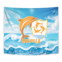 Square-format blue tapestry close-up with orange dolphin and yellow crest emblem