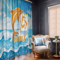 Blue dolphin window curtain panels with orange-gold dolphin crest and ocean wave stripes.