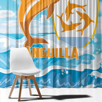 Blue dolphin window curtain with large orange-gold dolphin crest and ocean wave pattern.