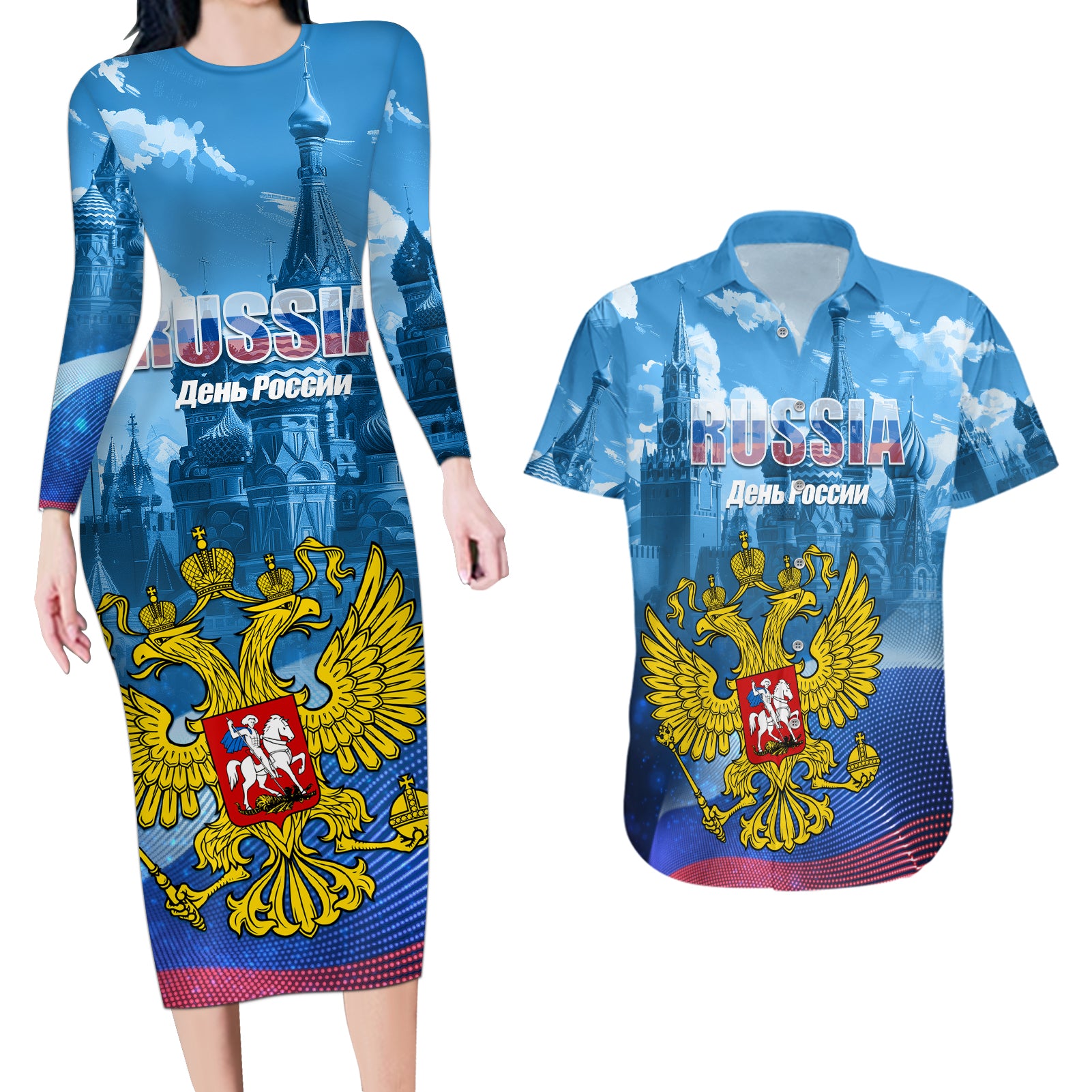 Russia Day 2024 Couples Matching Long Sleeve Bodycon Dress and Hawaiian Shirt Coat Of Arms With Red Square - Wonder Print Shop