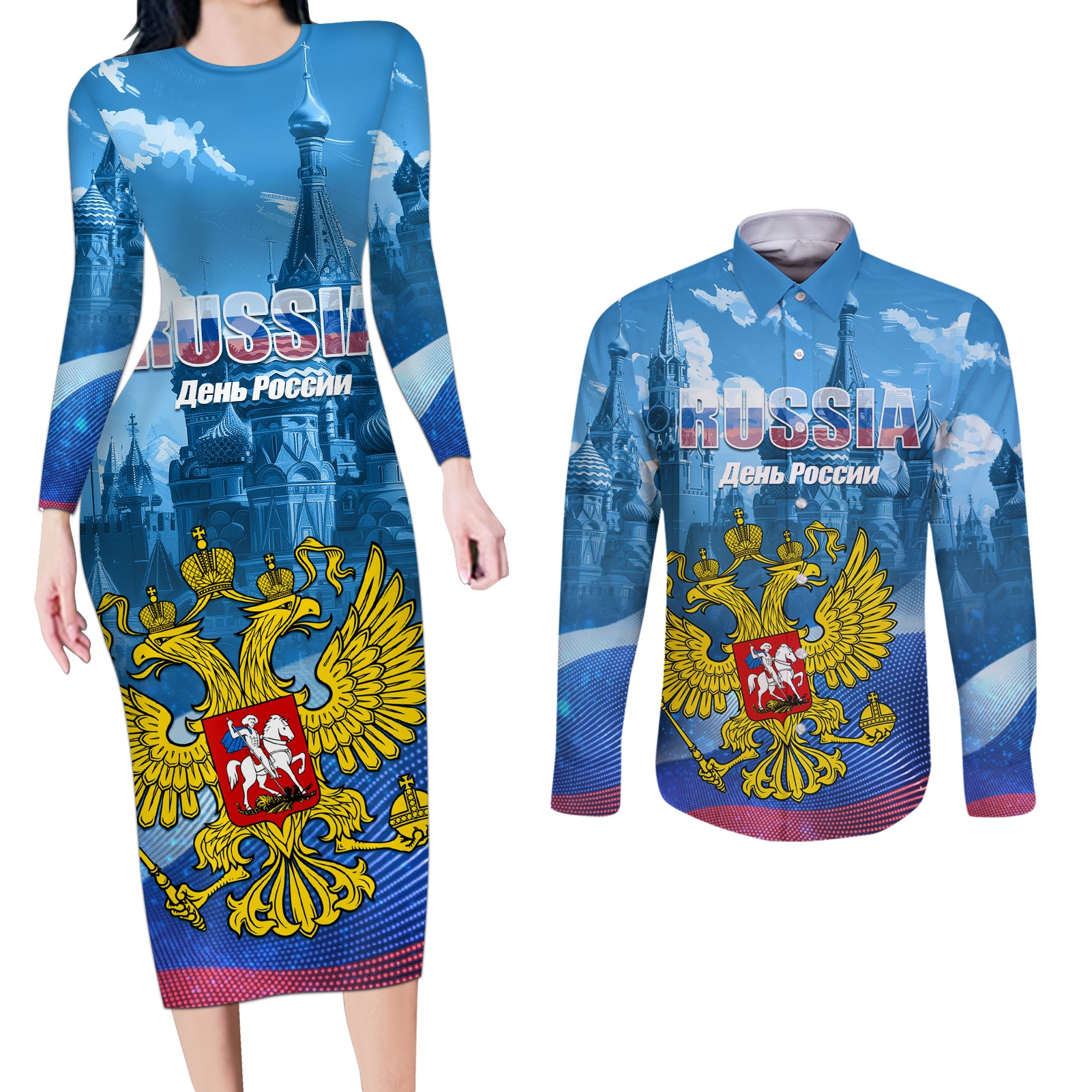 Russia Day 2024 Couples Matching Long Sleeve Bodycon Dress and Long Sleeve Button Shirt Coat Of Arms With Red Square - Wonder Print Shop