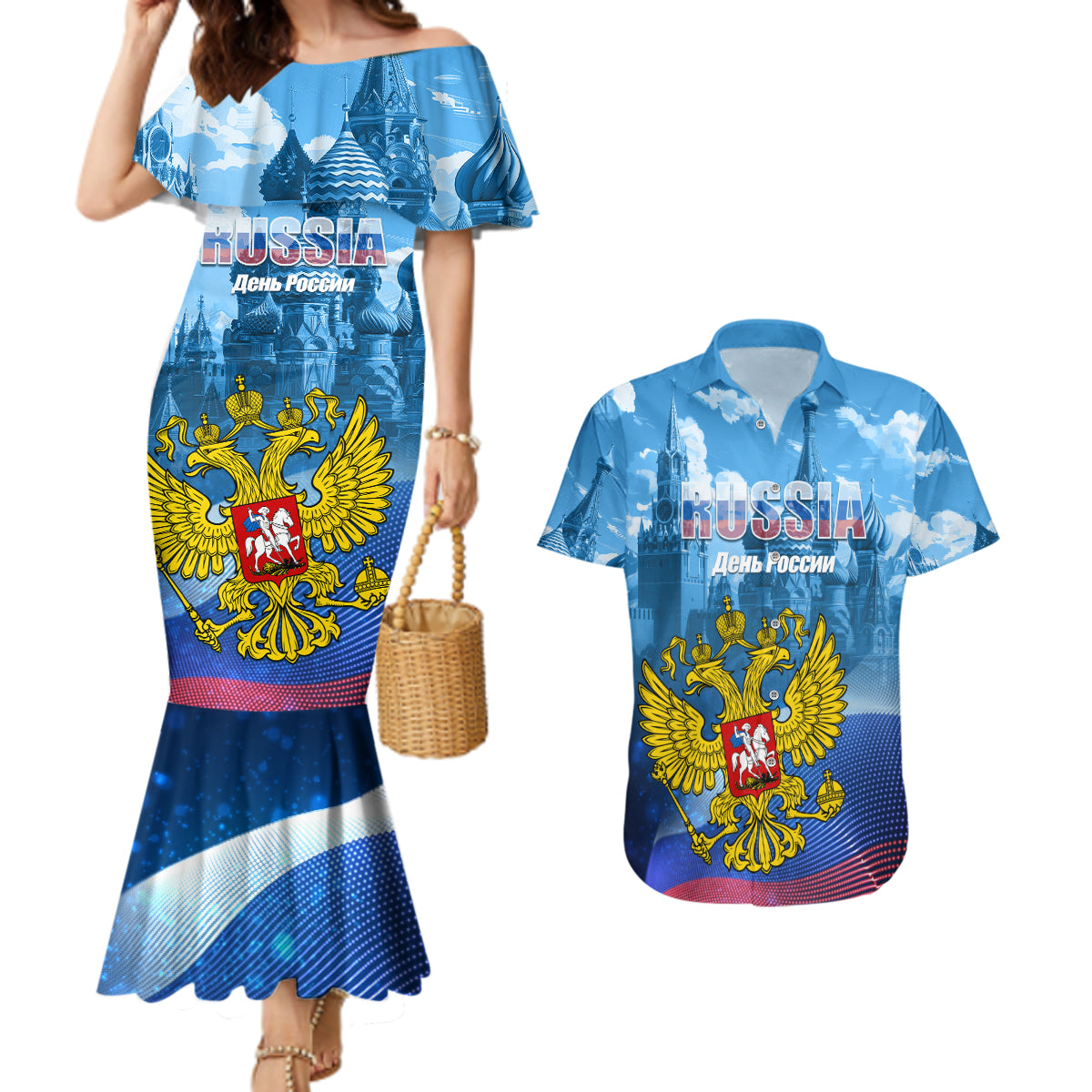 Russia Day 2024 Couples Matching Mermaid Dress and Hawaiian Shirt Coat Of Arms With Red Square - Wonder Print Shop