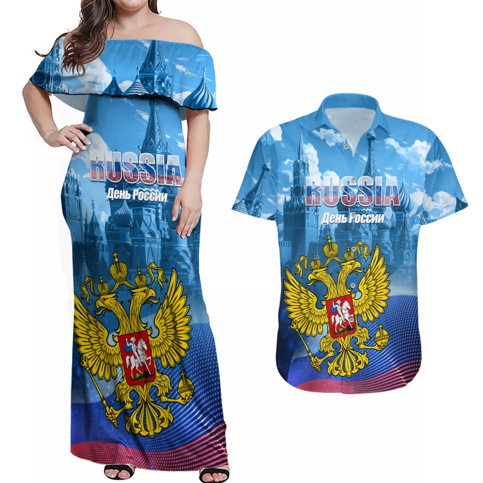 Russia Day 2024 Couples Matching Off Shoulder Maxi Dress and Hawaiian Shirt Coat Of Arms With Red Square - Wonder Print Shop