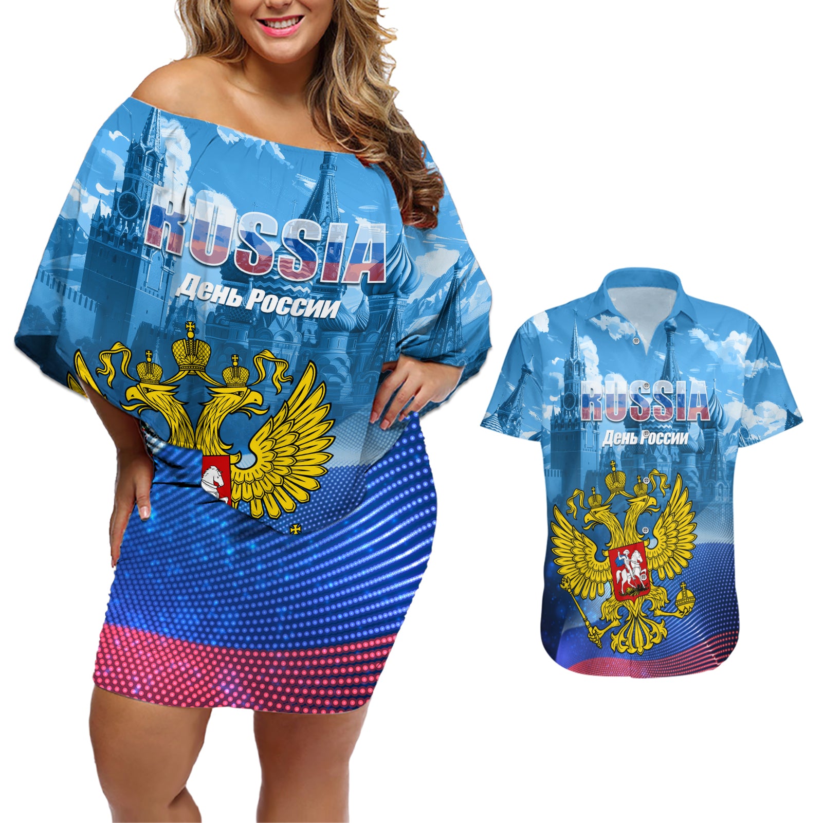 Russia Day 2024 Couples Matching Off Shoulder Short Dress and Hawaiian Shirt Coat Of Arms With Red Square - Wonder Print Shop