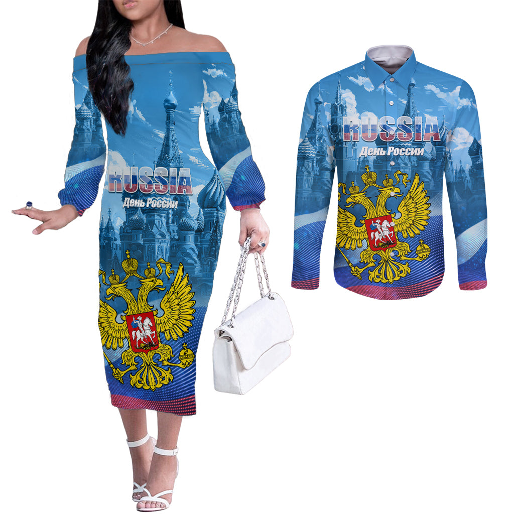 Russia Day 2024 Couples Matching Off The Shoulder Long Sleeve Dress and Long Sleeve Button Shirt Coat Of Arms With Red Square